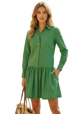 Trish Scully Women's Juniper Emerald Cotton Long Sleeve Short Dress